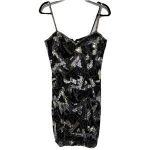 NITE LINE Black Silk Sequin Mini Cocktail Dress Size 12 Y2K 80s Spaghetti Strap